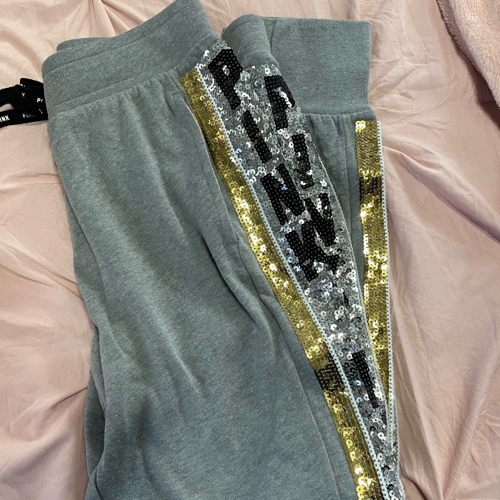 PINK VS grey joggers with gold and silver bling